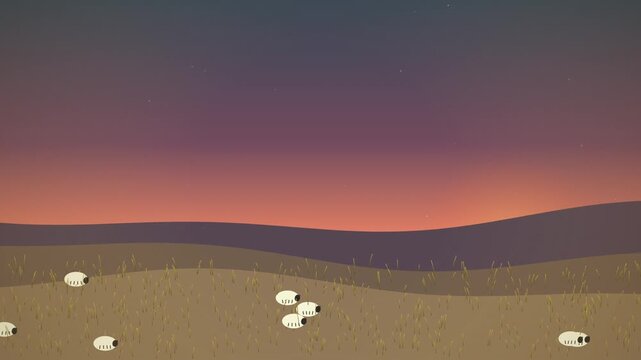 Minimalist sheep grazing in rolling meadow under twilight sky