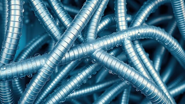 globules. Detailed section of an industrial refrigeration unit with condensation on pipes. safety posters, maintenance manuals, designed for precision metalworking and fabrication facilities.
