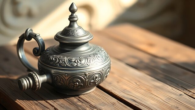 scamorza. Ornate pewter flagon with long spout on rustic wooden table, engraved details. bar promotions, beverage menus, designed for food & beverage menus and cafe branding, used by video editors.