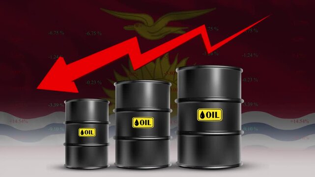 Oil price decline Kiribati economy concept with barrels and red arrow