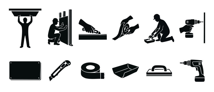 Drywall Installation Icons Set, Construction Worker Tools and Building Process Symbols, Professional Renovation Equipment Vector Graphics for Home Improvement Projects and Manual Labor Service Concept