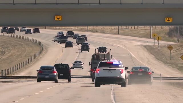 Police vehicle with flashing lights leads a line of cars under a highway bridge in city traffic.