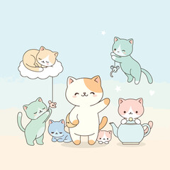 Obraz premium Digital illustration of a group of cute cats playing and relaxing in a whimsical scene with a