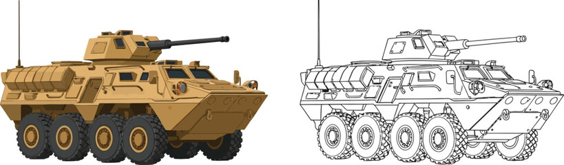 Armored combat vehicle illustration military transport with turret and wheels isolated on white background © Naveed