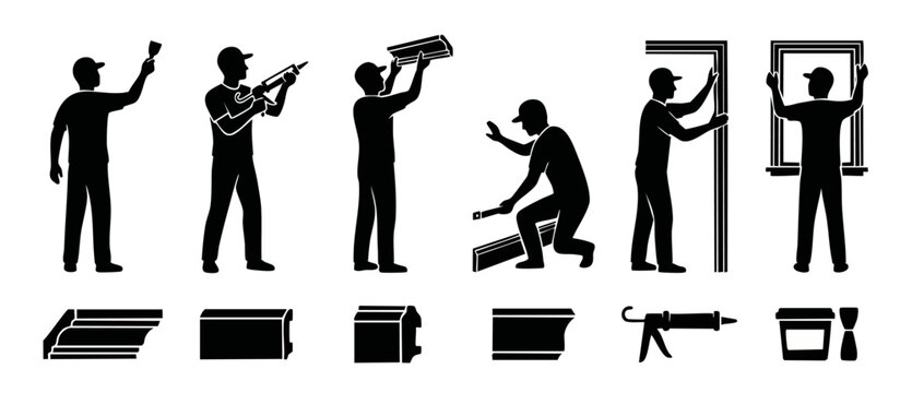 Construction worker silhouettes icon set for interior finishing, installing molding, caulk, door and window trim. Professional manual labor repairman characters for home improvement renovation vector
