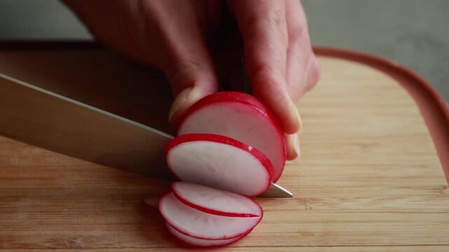 Close-Up of Woman's Hands Thinly Slicing Fresh Radishes on a Wooden Cutting Board