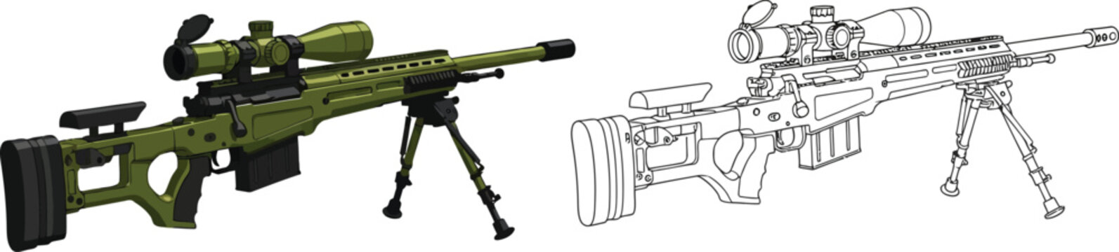 Green sniper rifle with bipod and scope vector illustration and line art for military or hunting concepts isolated on whit