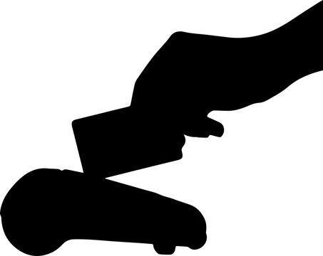 Black Silhouette of Hand Using Credit Card on Contactless Payment Terminal POS Machine