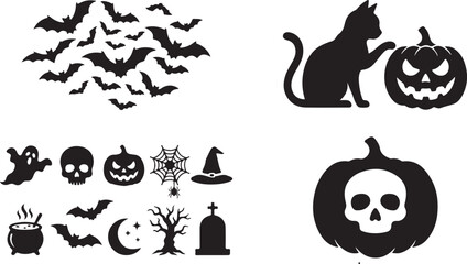 Obraz premium Halloween icons, black silhouette set, spooky symbols, 25 elements