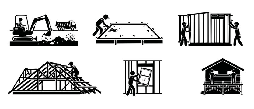 Construction process icon set, building site workflow steps, housing development stages including excavating, framing, roofing, and wall installation for residential home builders and contractors.