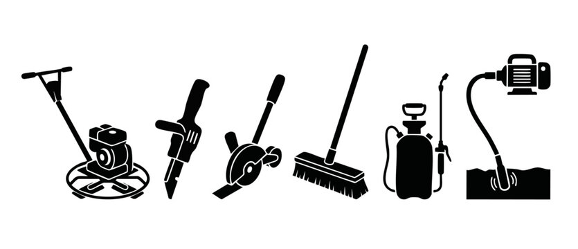 Construction tools icon set for building sites and concrete work equipment, featuring power trowel, jackhammer, concrete saw, industrial broom, sprayer, and poker vibrator, professional repair gear.
