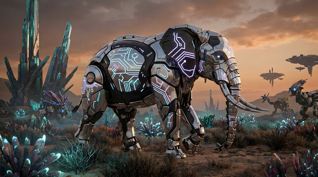 Futuristic Mechanical Elephant with Glowing Cybernetic Enhancements in an Alien Landscape