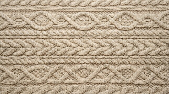 Close-up of intricate cream-colored knitted fabric with various cable patterns and textures.