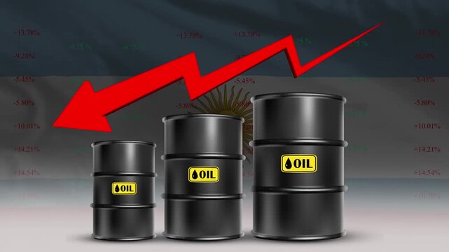 Oil price decline Argentina economy concept with barrels and red arrow