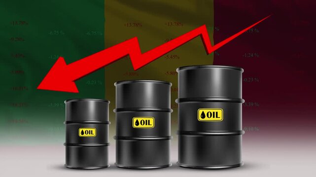Oil price decline Mali economy concept with barrels and red arrow