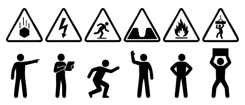 Safety Warning Signs and Industrial Worker Pictograms Set for Workplace Hazard Communication and Construction Site Compliance Labels, Vector Illustration of Prohibition and Instruction Icons on White