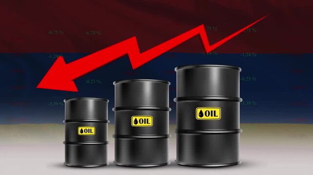 Oil Barrel Down Trend: Illustrating the concept of market decline. Three oil barrels stand in a row with a downward trending arrow to indicate fall or losing value