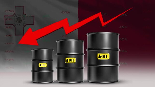 Oil price decline Malta economy concept with barrels and red arrow