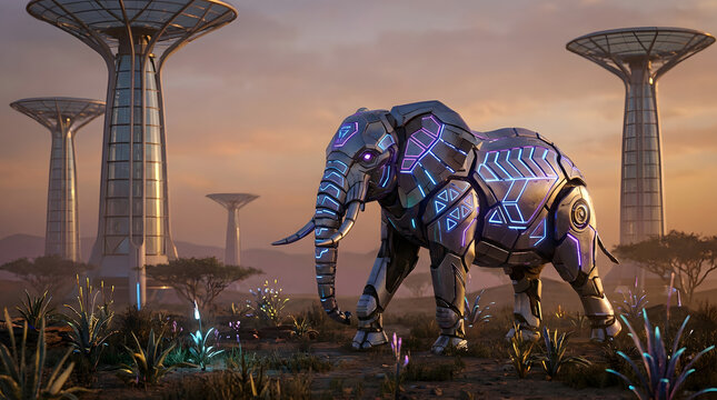 Futuristic robot elephant with glowing purple circuit patterns walks through a savanna at sunset, surrounded by futuristic trees