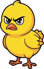 Fototapeta premium Cute mischievous yellow chick with crossed arms in flat vector style, playful childlike character illustration for kids nursery and fun design