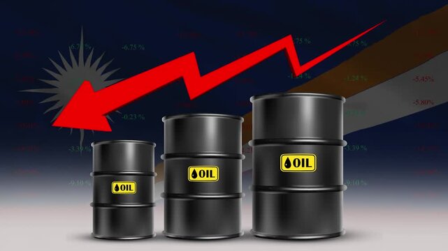 Oil price decline Marshall Islands economy concept with barrels and red arrow