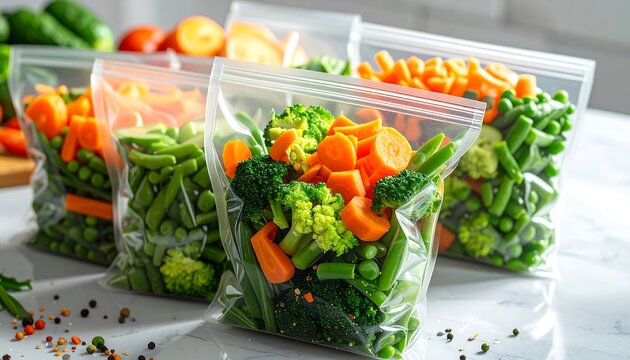 Assortment of fresh cut vegetables, green beans, carrots, and broccoli, prepped and stored in clear freezer bags