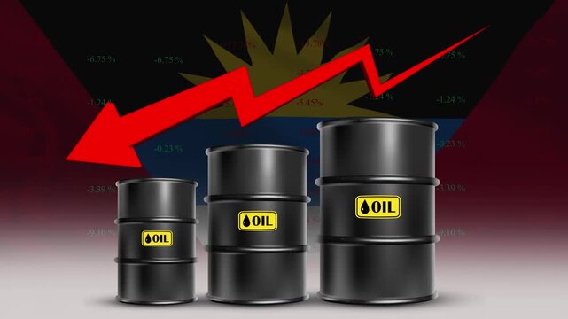 Oil price decline Antigua and Barbuda economy concept with barrels and red arrow
