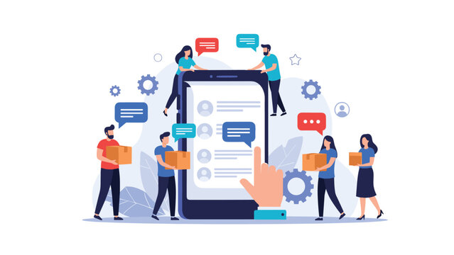 Team of people working together for online shopping delivery service with a large smartphone and cardboard boxes.