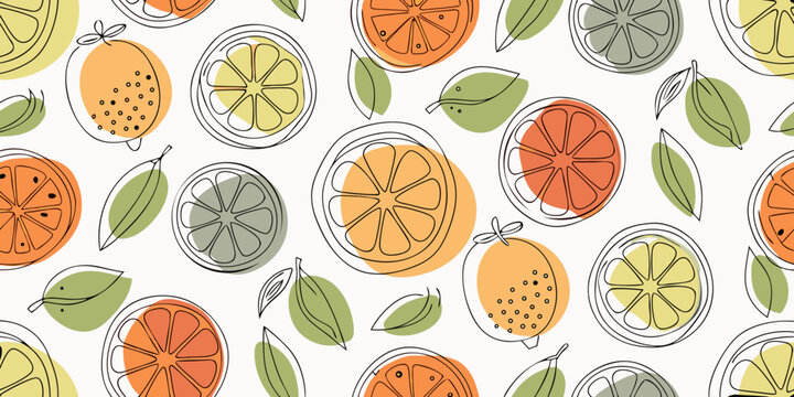 Stylized citrus fruits and leaves in a repeating pattern design