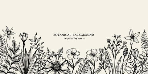 Detailed botanical illustration with various flowers and leafy branches © Hemlata