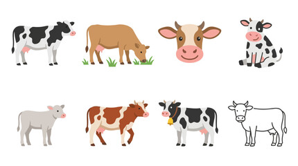 Fototapeta premium A collection of cartoon cows and a calf showcasing different breeds and styles.