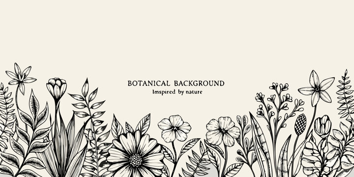Detailed botanical illustration with various flowers and leafy branches