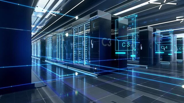 Technology big data server soom, high tech data storage center, computing power server. futuristic data center with rows of server racks, connected by glowing blue digital overlays and network lines.