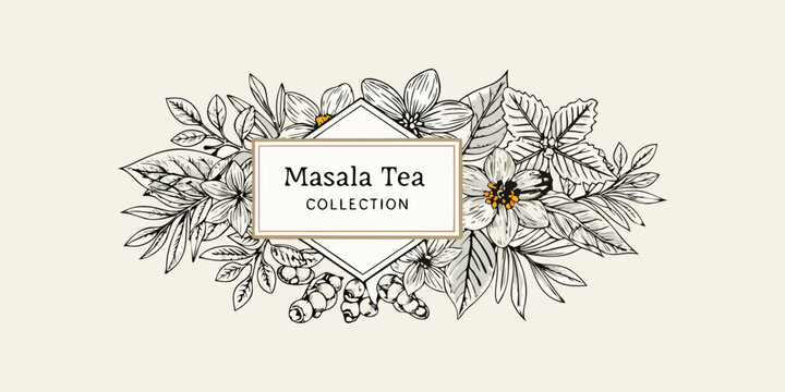 Elegant floral frame showcases a masala tea collection label