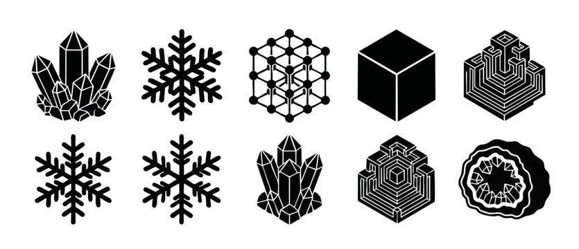 Geometric Shape Icon Set, Isometric Crystals Snowflakes and Cubes, Minimalist Black Silhouette Symbols for Graphic Design, Mathematical Structures and Nature Patterns Collection for Modern UI Web Elem