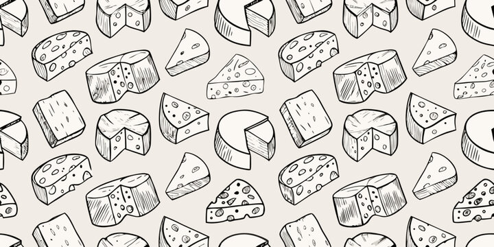 Seamless pattern of various cheese wedges and blocks hand drawn style