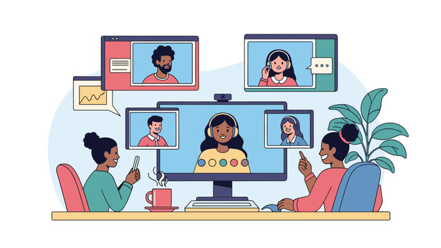 Diverse group of people participating in a video conference call from multiple locations displayed on a large computer screen at a desk.