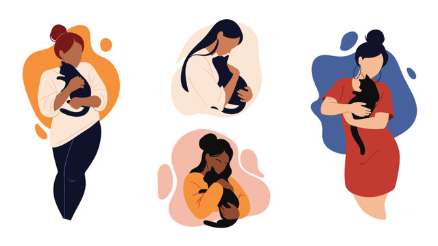 Four diverse women shown in a flat design style each hugging and holding a black cat to celebrate pet ownership and companionship.