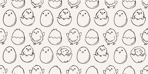 Seamless pattern of hatching chicks and broken eggshells in black and white © Hemlata