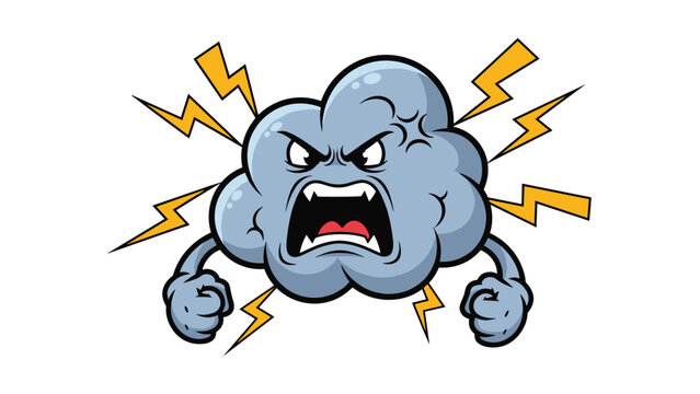 Grumpy blue cloud cartoon character with an angry face expression and yellow lightning bolts on a white background.
