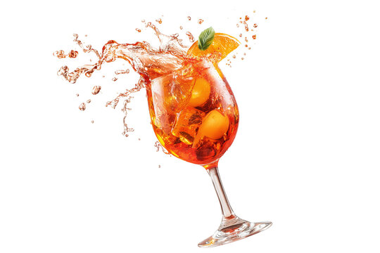 Aperol spritz cocktail spilling from a falling glass isolated on white background png
