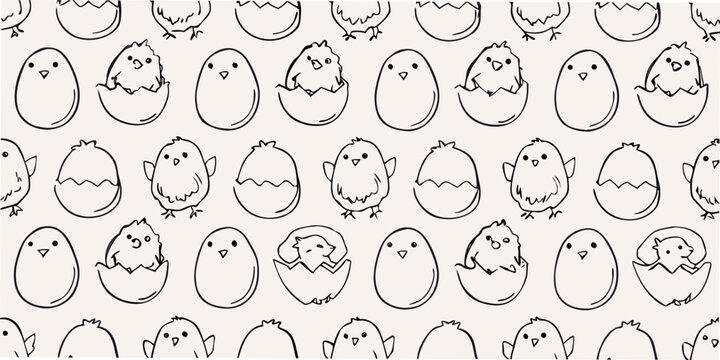 Seamless pattern of hatching chicks and broken eggshells in black and white
