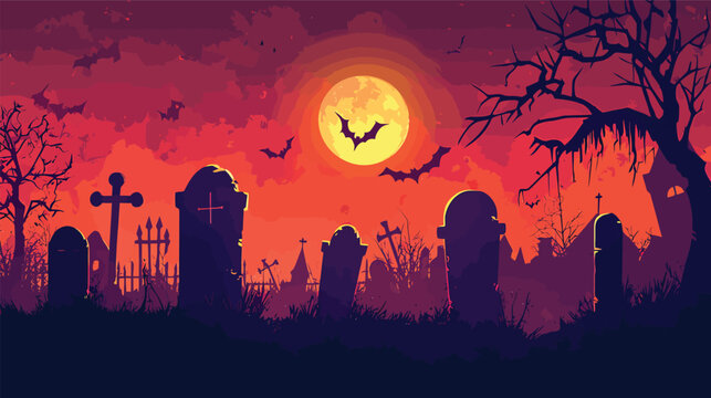 Spooky Halloween graveyard with bats and full moon.