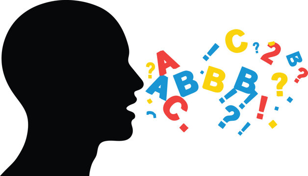 Speech therapy concept with human profile silhouette, colorful alphabet letters and punctuation marks, language learning and communication vector