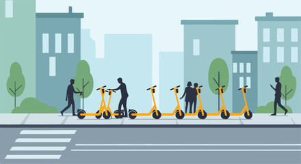 A city street with people and electric scooters lined up © Davida