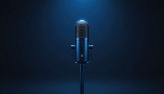 Metallic blue microphone under dramatic spotlight on dark background symbolizing audio recording broadcasting podcasting voice technology studio equipment and professional sound production concept
