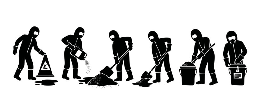 Hazmat cleaning crew icon set, workers in protective suits with chemical spill equipment and tools for hazardous material decontamination and industrial cleanup, black silhouette vector illustration.