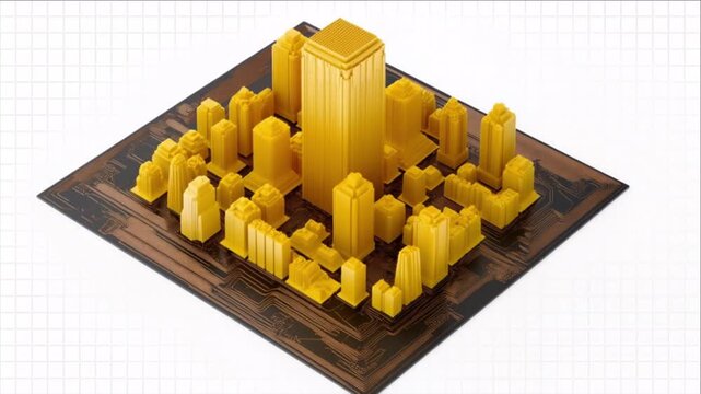 黄金のネットワーク回路を備えたマイクロチップ基板上のスマートシティモデル