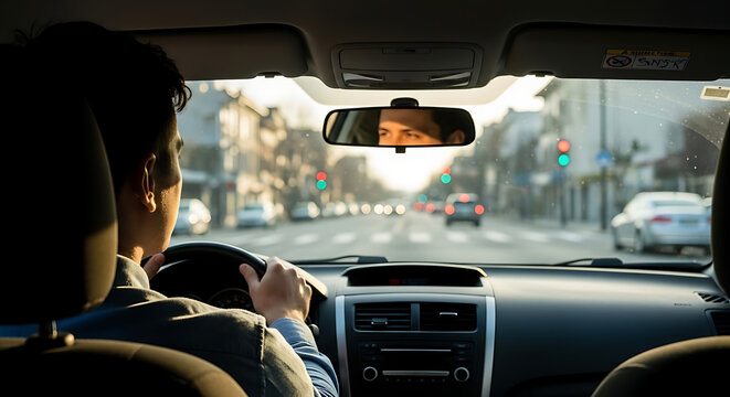 Man driving a car on the road during travel with passengers inside vehicle interior