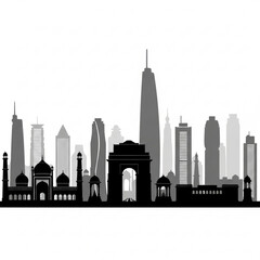 Fototapeta premium A black and gray vector graphic illustration of a city skyline with a mix of modern and historic buildings